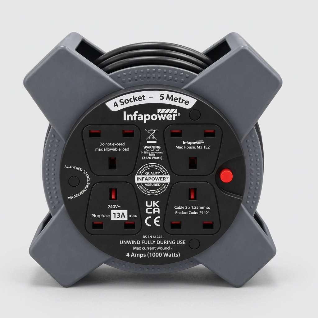 Infapower IP1404 5m 4-Socket Cable Reel Extension Lead – Grey & Black