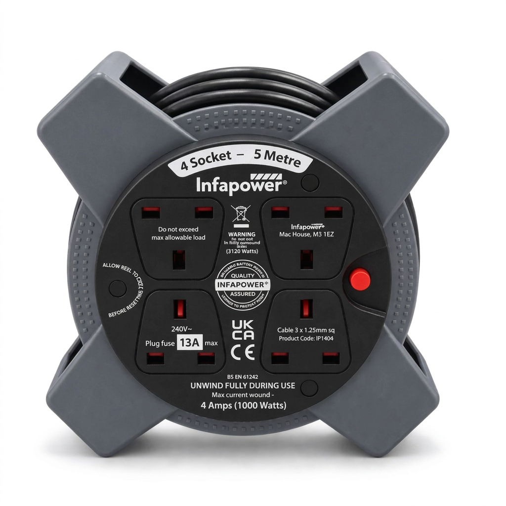 Infapower IP1404 5m 4-Socket Cable Reel Extension Lead – Grey & Black