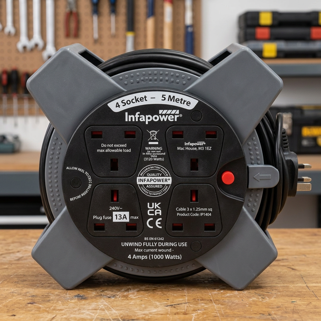 Infapower IP1404 5m 4-Socket Cable Reel Extension Lead – Grey & Black