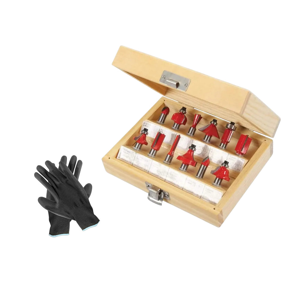 Tct Router Bit Set 12pce 8mm Shank With 10.5" Nitrile Coated Work Golves