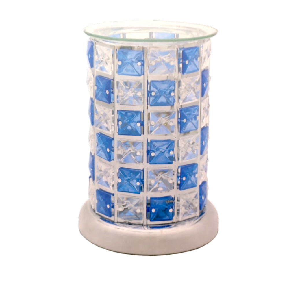 Crystal Effect Aroma Lamp Oil Burner Wax Blue Check Silver Base