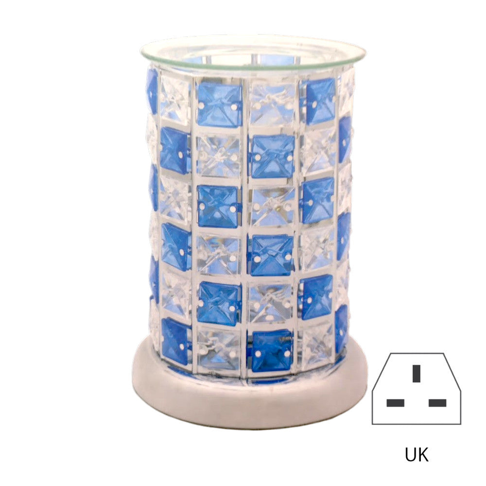 Crystal Effect Aroma Lamp Oil Burner Wax Blue Check Silver Base