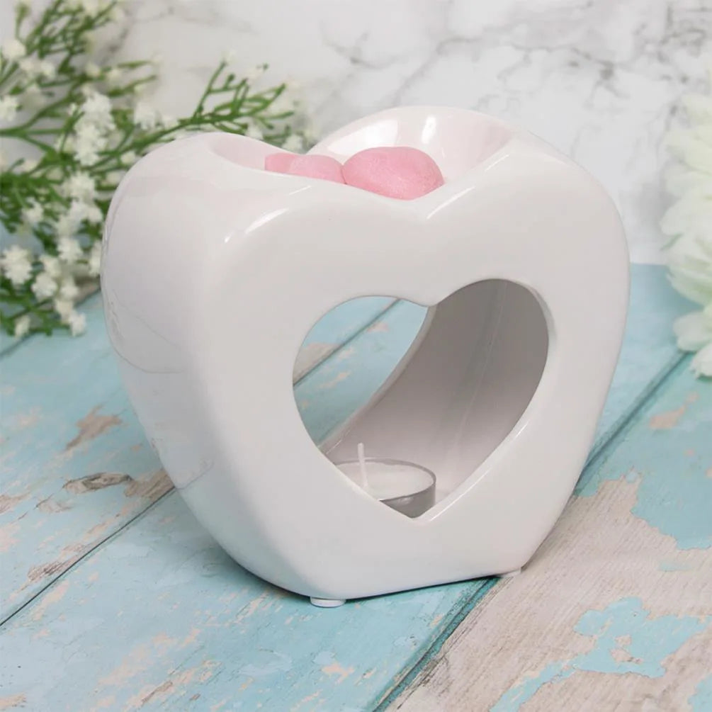 2 White Heart Tea Light Wax Melt Warmer Oil Burner + Candle + Melts