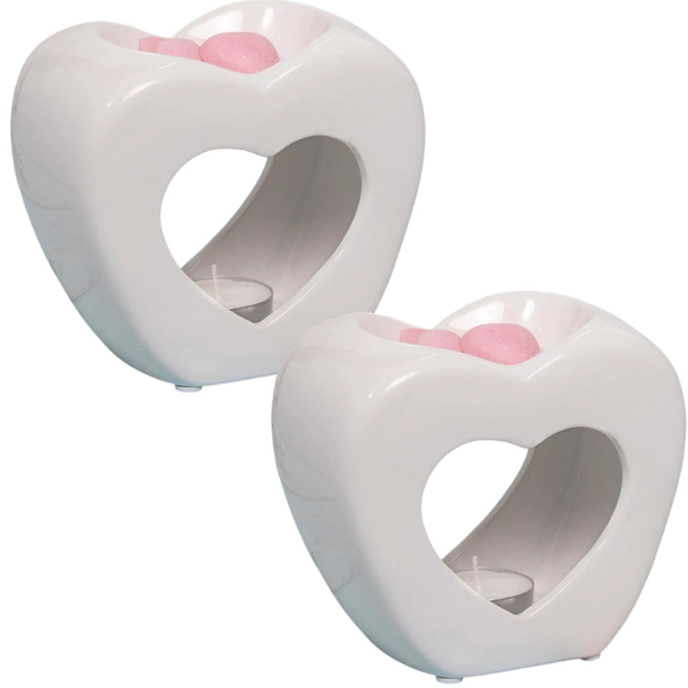 2 White Heart Tea Light Wax Melt Warmer Oil Burner + Candle + Melts