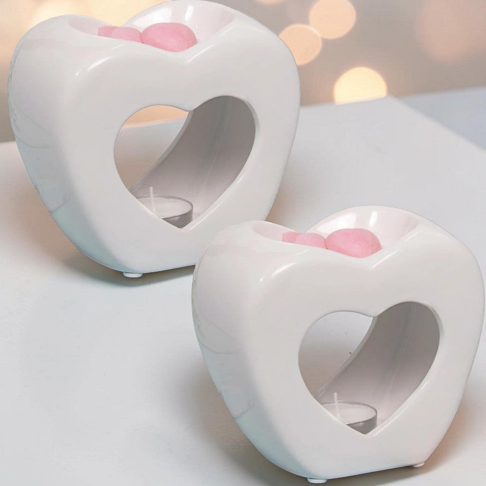 2 White Heart Tea Light Wax Melt Warmer Oil Burner + Candle + Melts