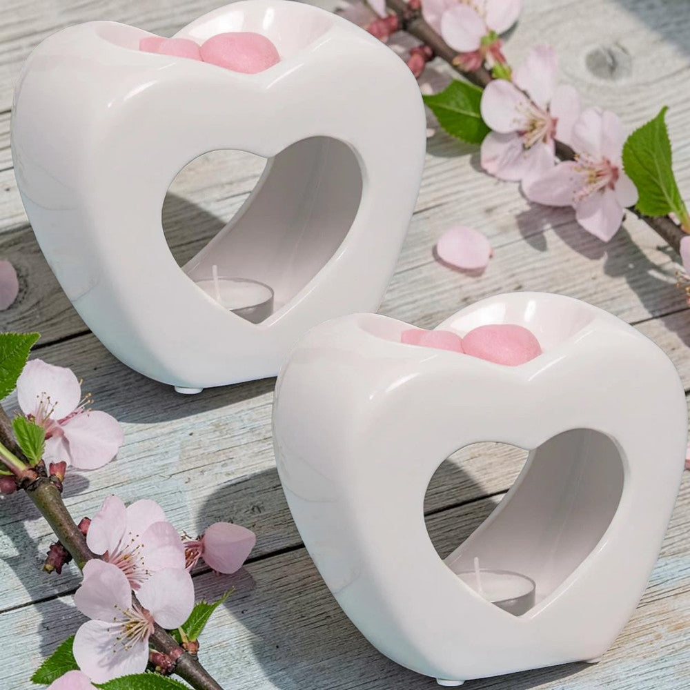 2 White Heart Tea Light Wax Melt Warmer Oil Burner + Candle + Melts