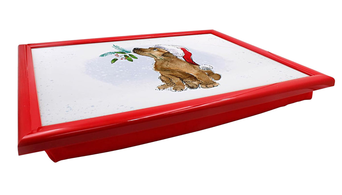 Laptop Lap Tray with Cushioned Padded Bean Bag Base | Dog with Santa Hat and Xmas Berries | Ideal for TV Dinners or Bed