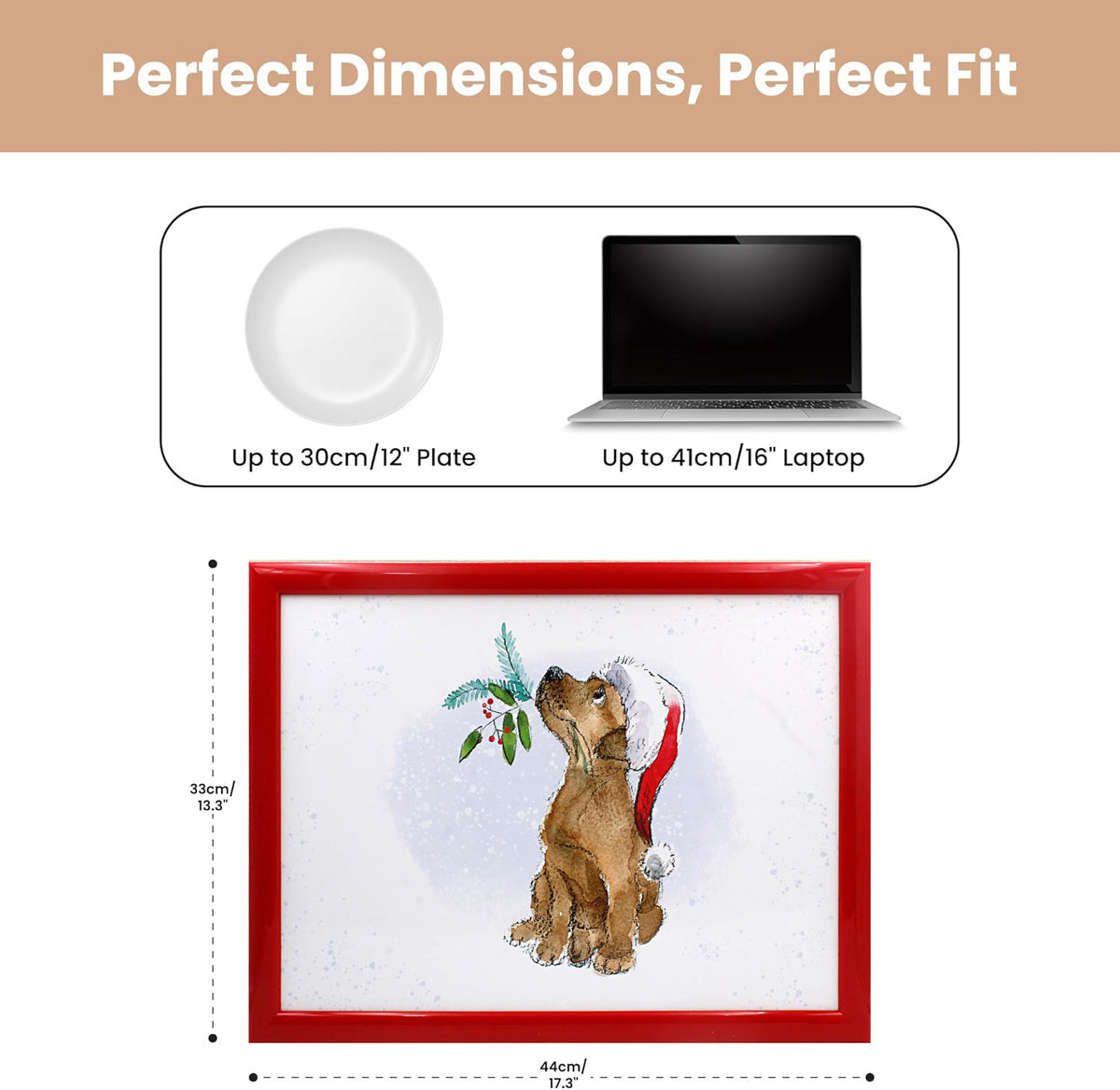 Laptop Lap Tray with Cushioned Padded Bean Bag Base | Dog with Santa Hat and Xmas Berries | Ideal for TV Dinners or Bed