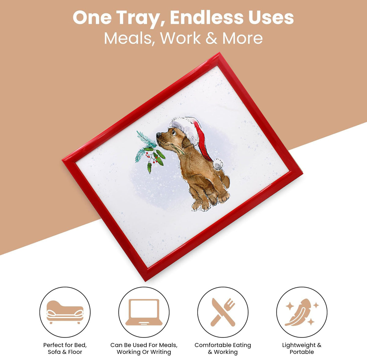 Laptop Lap Tray with Cushioned Padded Bean Bag Base | Dog with Santa Hat and Xmas Berries | Ideal for TV Dinners or Bed