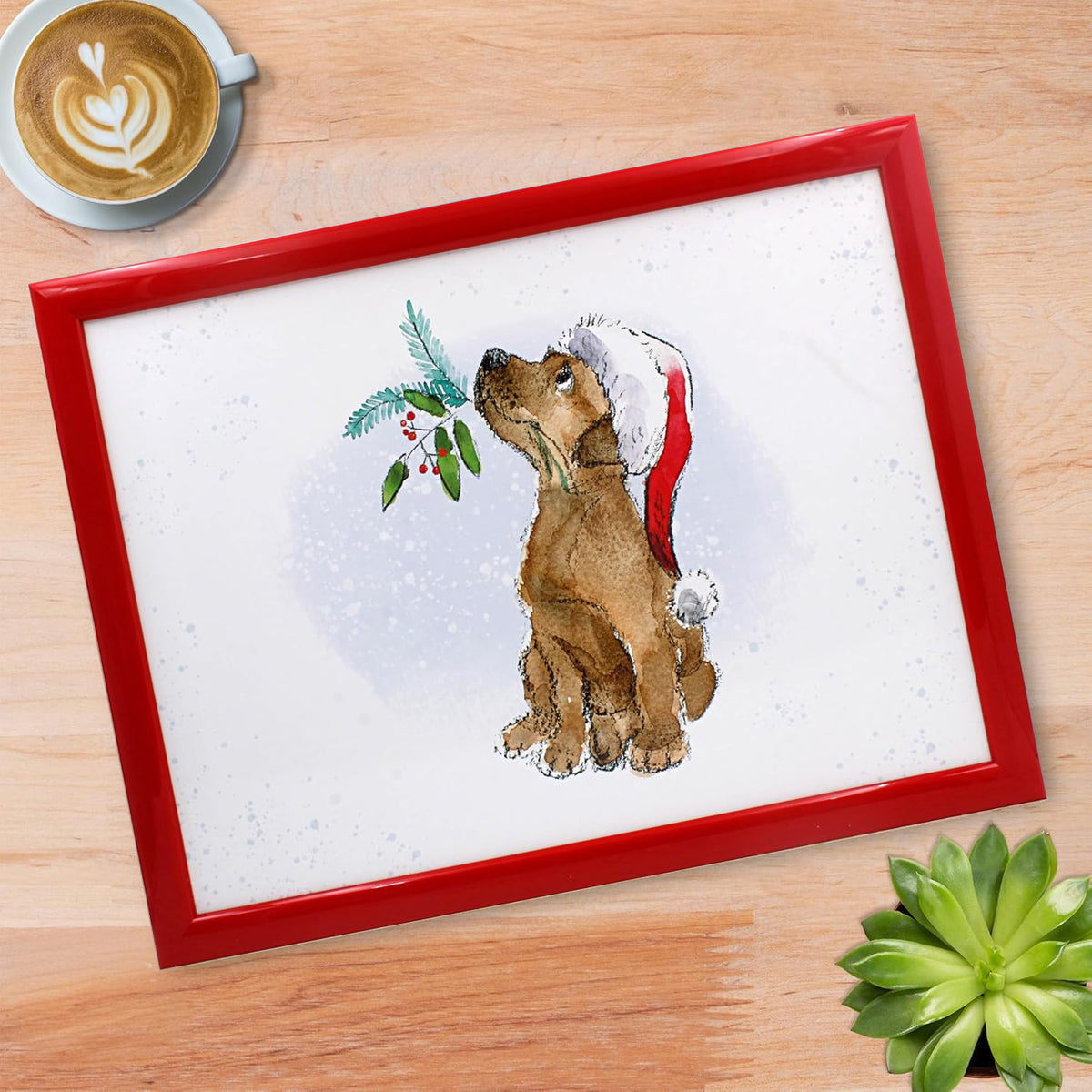 Laptop Lap Tray with Cushioned Padded Bean Bag Base | Dog with Santa Hat and Xmas Berries | Ideal for TV Dinners or Bed