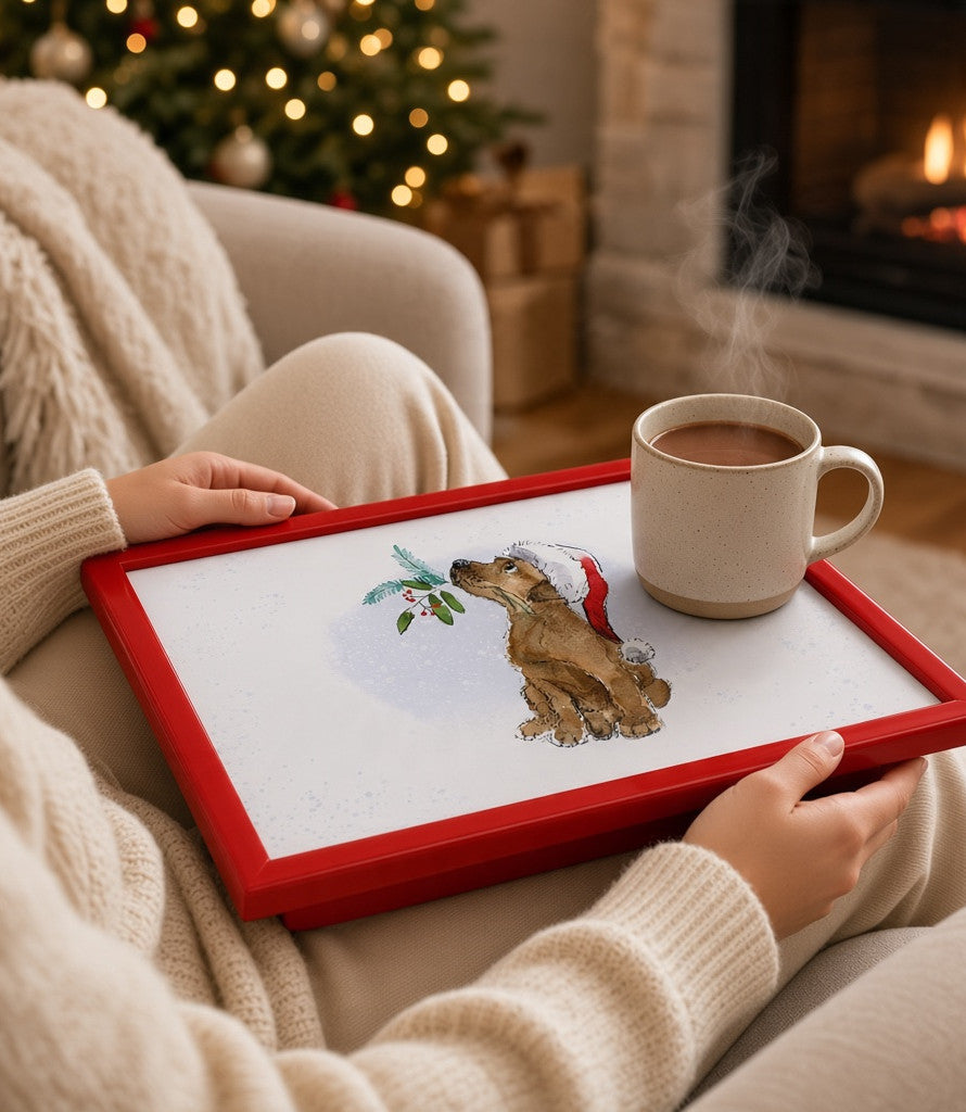Laptop Lap Tray with Cushioned Padded Bean Bag Base | Dog with Santa Hat and Xmas Berries | Ideal for TV Dinners or Bed
