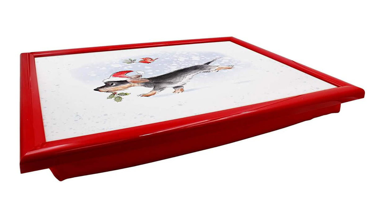 Laptop Lap Tray with Cushioned Padded Bean Bag Base | Dog with Santa Hat and Xmas Robin | Ideal for TV Dinners or Bed