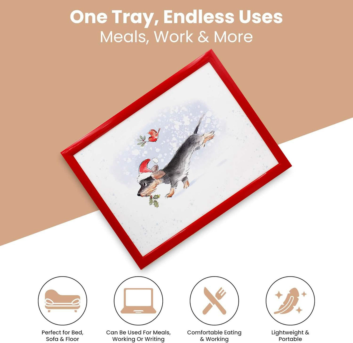 Laptop Lap Tray with Cushioned Padded Bean Bag Base | Dog with Santa Hat and Xmas Robin | Ideal for TV Dinners or Bed