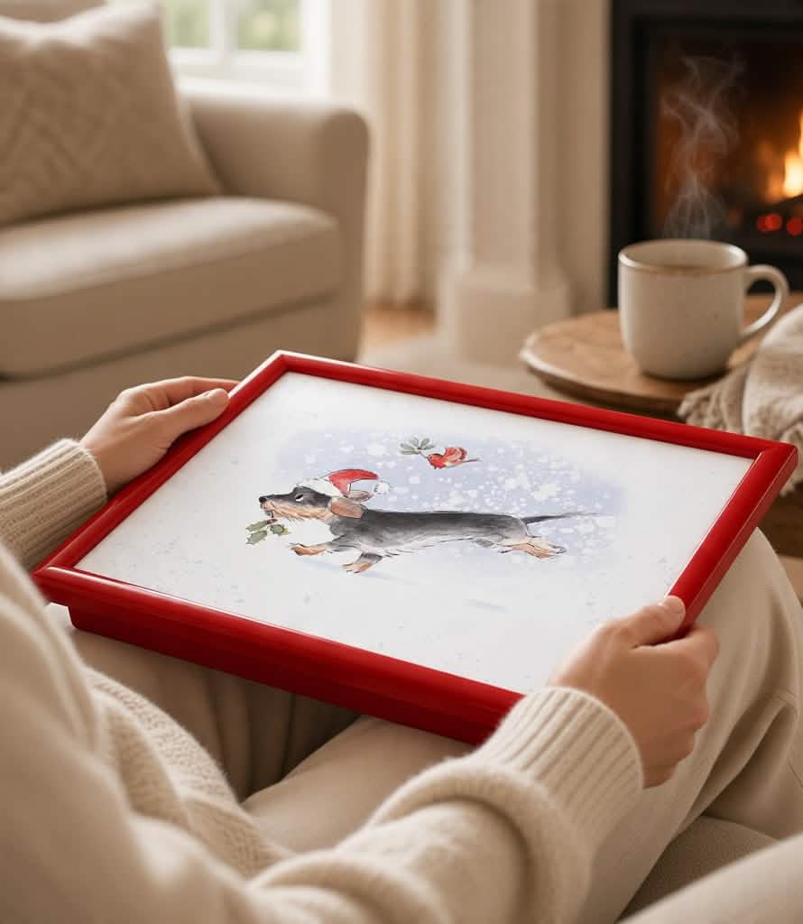 Laptop Lap Tray with Cushioned Padded Bean Bag Base | Dog with Santa Hat and Xmas Robin | Ideal for TV Dinners or Bed