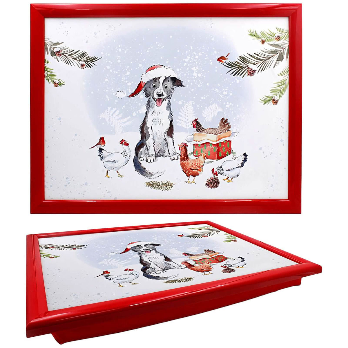 Laptop Lap Tray with Cushioned Padded Bean Bag Base | Dog with Santa Hat and Hens | Ideal for TV Dinners or Bed