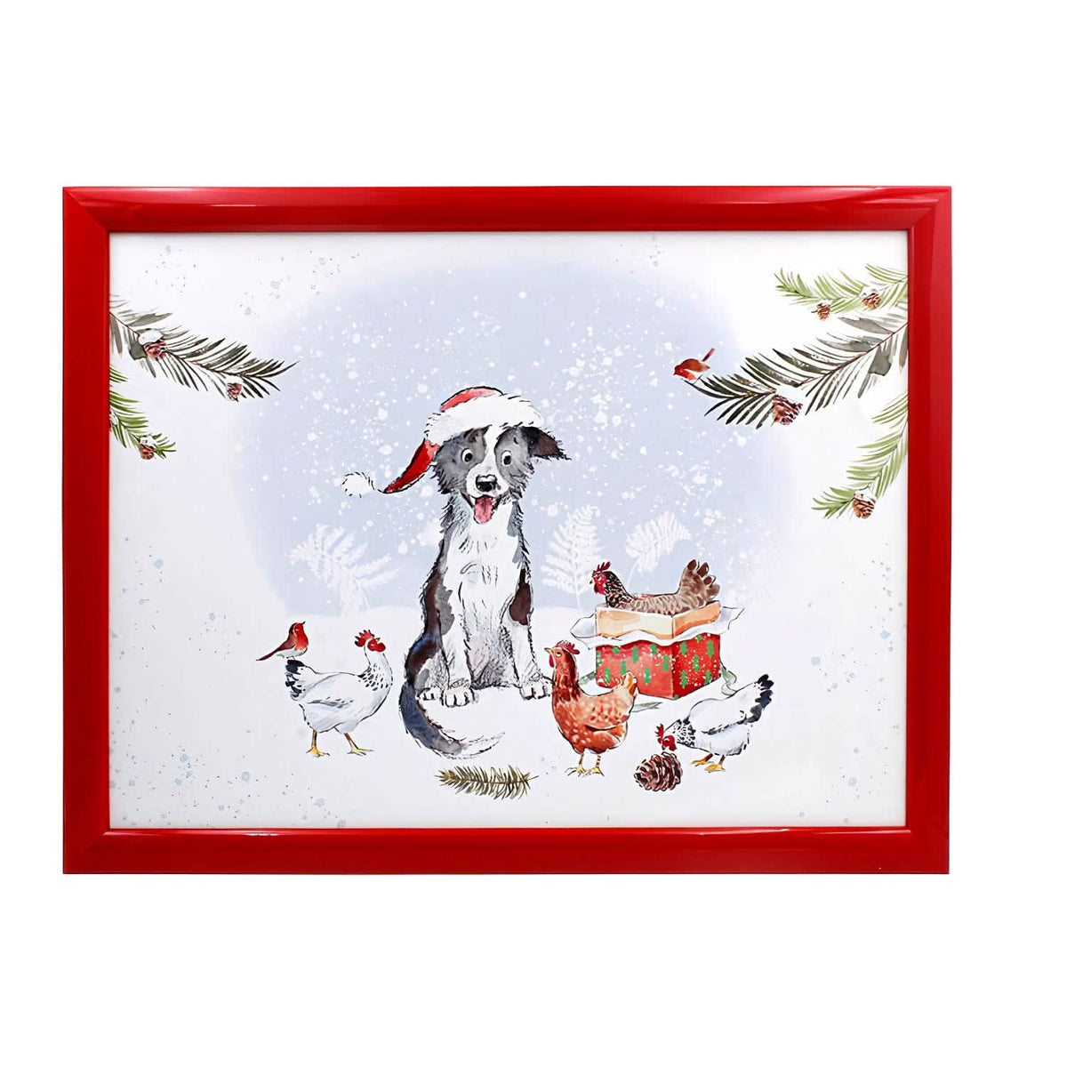 Laptop Lap Tray with Cushioned Padded Bean Bag Base | Dog with Santa Hat and Hens | Ideal for TV Dinners or Bed