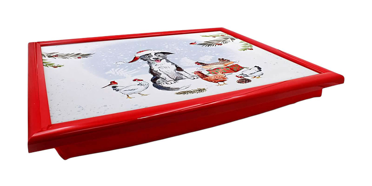 Laptop Lap Tray with Cushioned Padded Bean Bag Base | Dog with Santa Hat and Hens | Ideal for TV Dinners or Bed