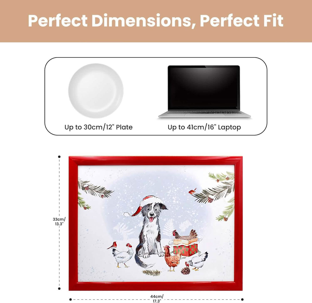 Laptop Lap Tray with Cushioned Padded Bean Bag Base | Dog with Santa Hat and Hens | Ideal for TV Dinners or Bed