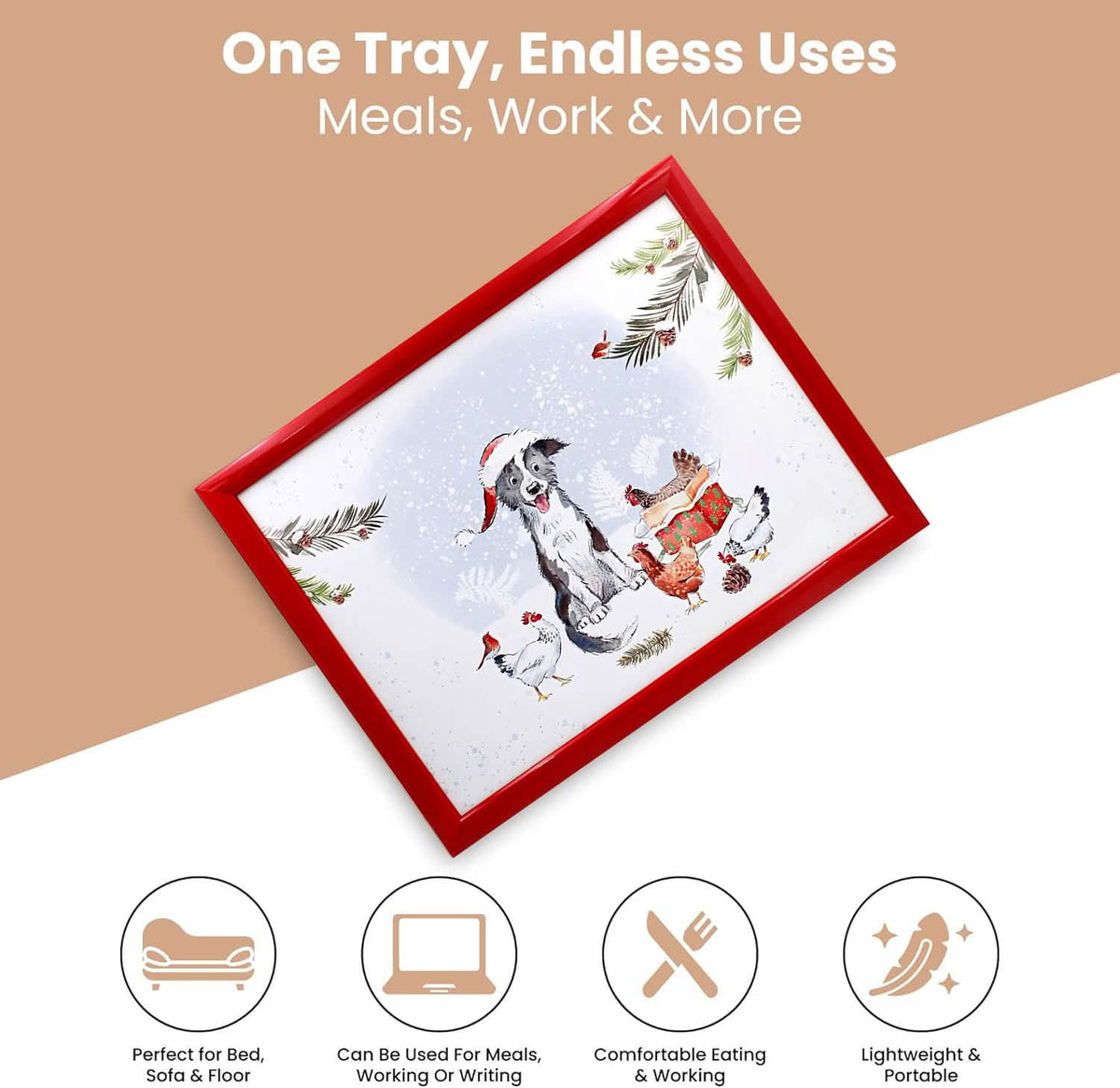 Laptop Lap Tray with Cushioned Padded Bean Bag Base | Dog with Santa Hat and Hens | Ideal for TV Dinners or Bed
