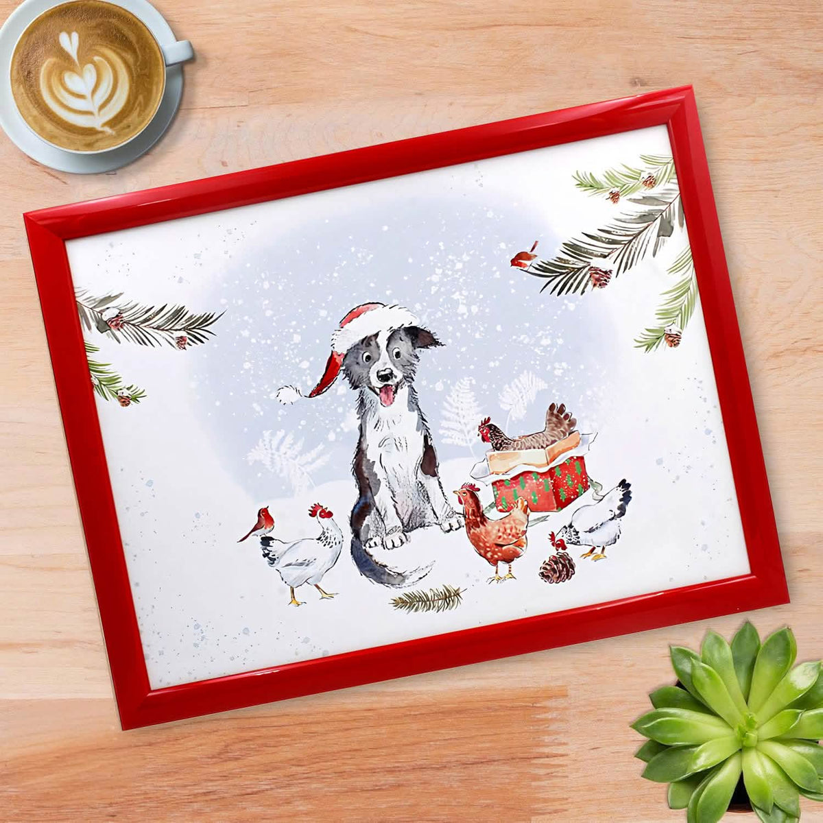 Laptop Lap Tray with Cushioned Padded Bean Bag Base | Dog with Santa Hat and Hens | Ideal for TV Dinners or Bed