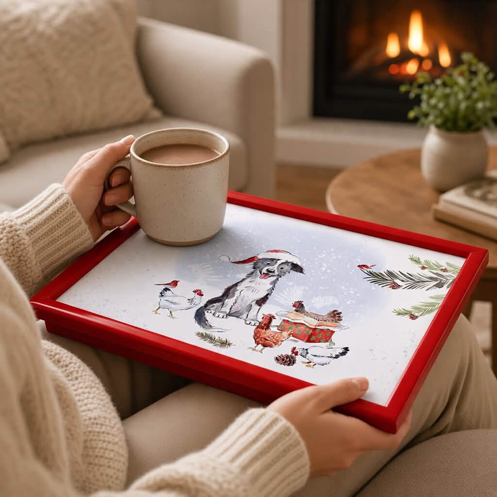 Laptop Lap Tray with Cushioned Padded Bean Bag Base | Dog with Santa Hat and Hens | Ideal for TV Dinners or Bed