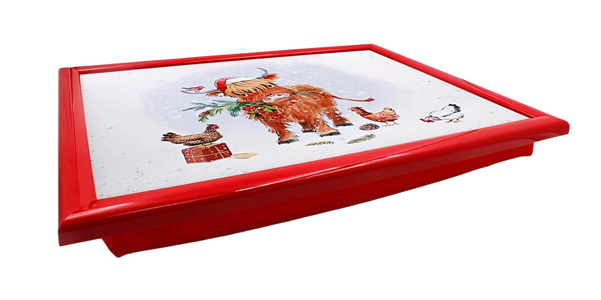 Laptop Lap Tray with Cushioned Padded Bean Bag Base | Highland Cow with Santa Hat and Hens | Ideal for TV Dinners or Bed