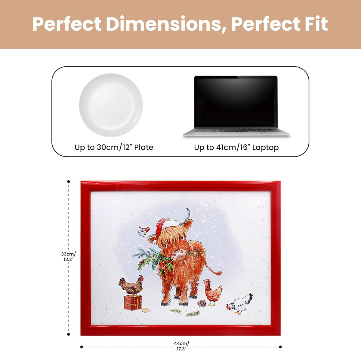 Laptop Lap Tray with Cushioned Padded Bean Bag Base | Highland Cow with Santa Hat and Hens | Ideal for TV Dinners or Bed