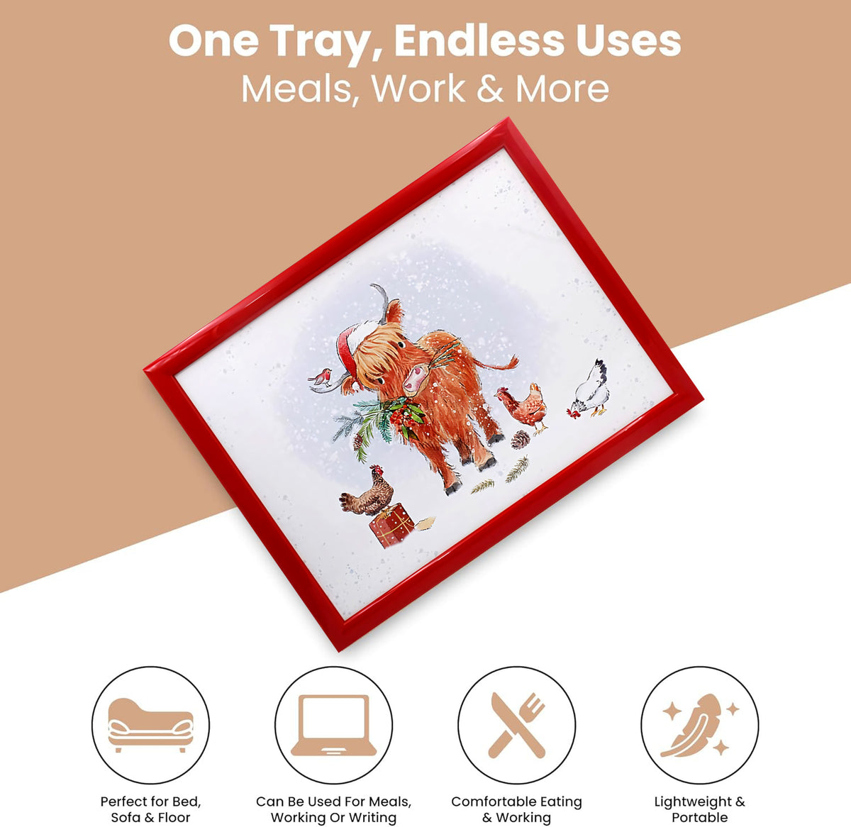 Laptop Lap Tray with Cushioned Padded Bean Bag Base | Highland Cow with Santa Hat and Hens | Ideal for TV Dinners or Bed