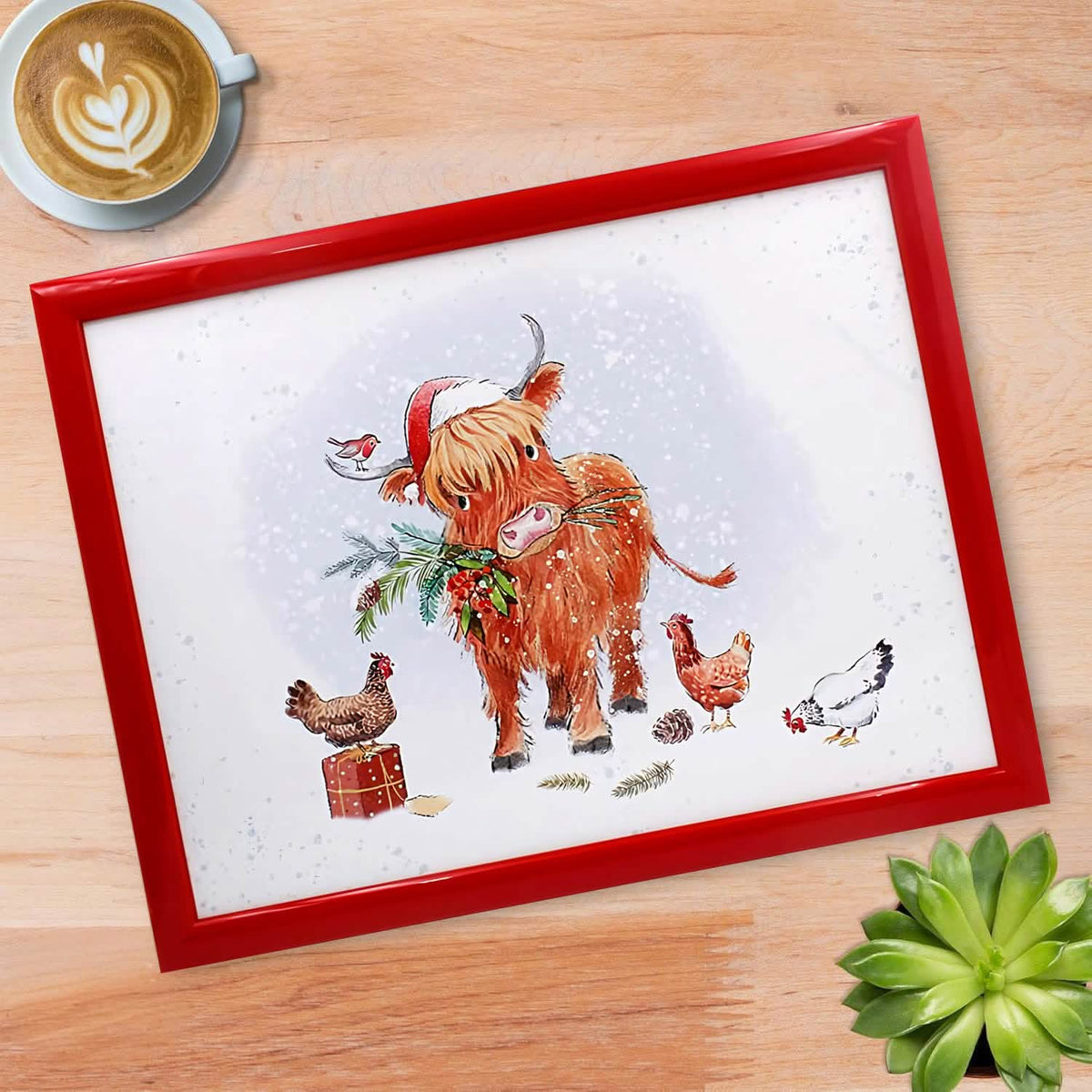 Laptop Lap Tray with Cushioned Padded Bean Bag Base | Highland Cow with Santa Hat and Hens | Ideal for TV Dinners or Bed