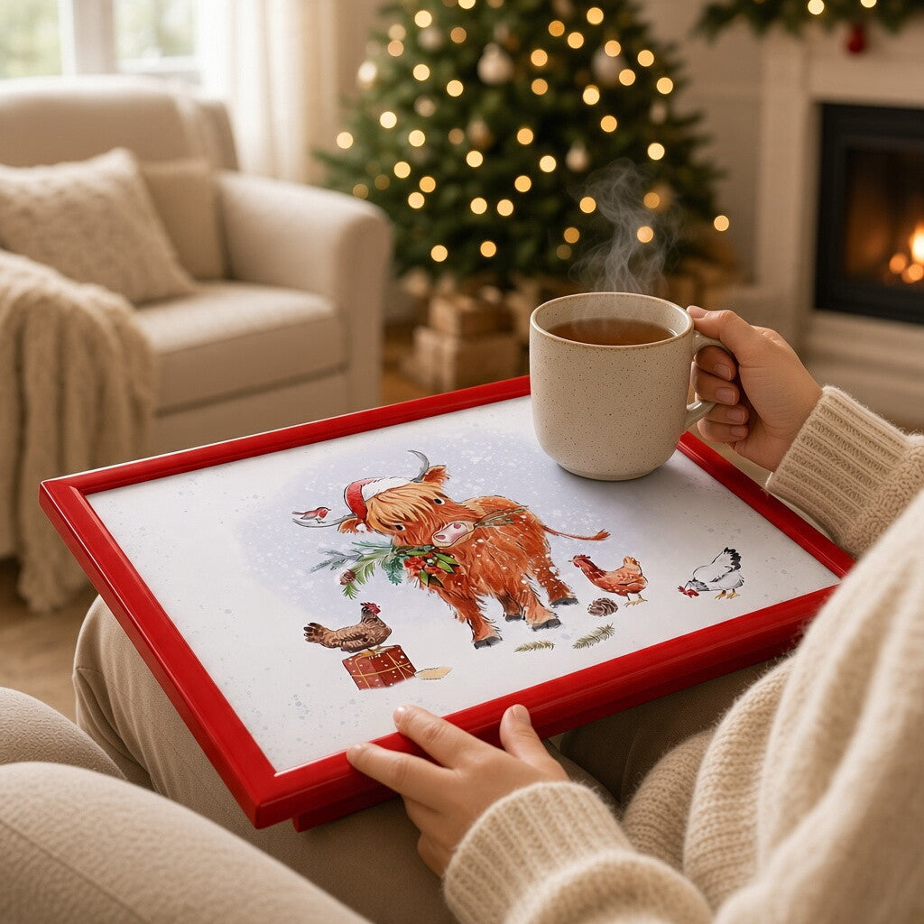 Laptop Lap Tray with Cushioned Padded Bean Bag Base | Highland Cow with Santa Hat and Hens | Ideal for TV Dinners or Bed