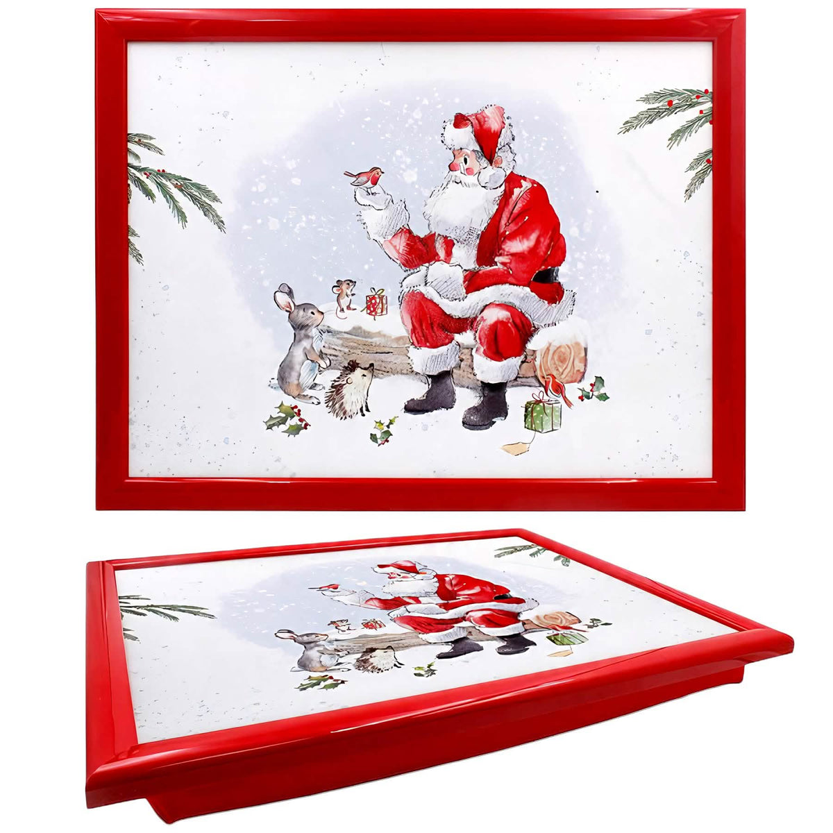 Laptop Lap Tray with Cushioned Padded Bean Bag Base | Santa with Forest Animals | Ideal for TV Dinners or Bed