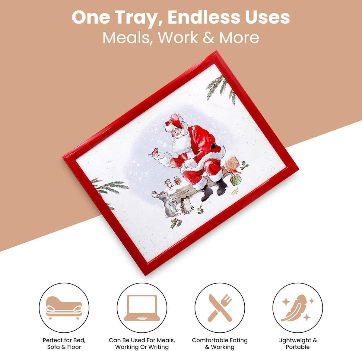Laptop Lap Tray with Cushioned Padded Bean Bag Base | Santa with Forest Animals | Ideal for TV Dinners or Bed