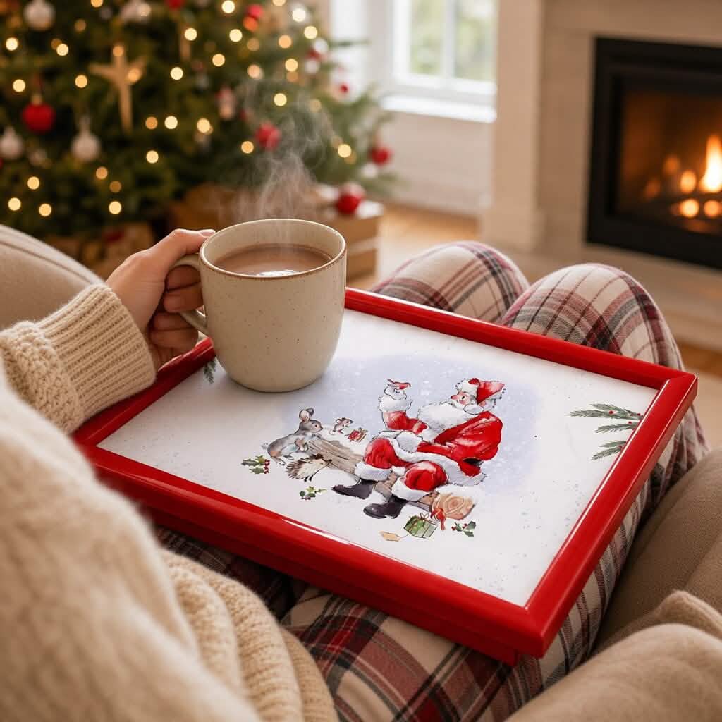 Laptop Lap Tray with Cushioned Padded Bean Bag Base | Santa with Forest Animals | Ideal for TV Dinners or Bed