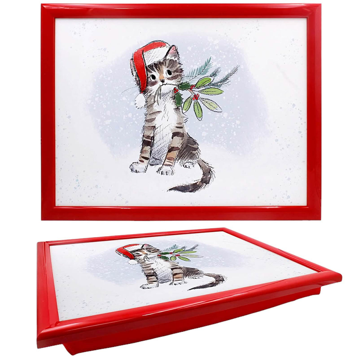 Laptop Lap Tray with Cushioned Padded Bean Bag Base | Pussy Cat with Santa Hat | Ideal for TV Dinners or Bed