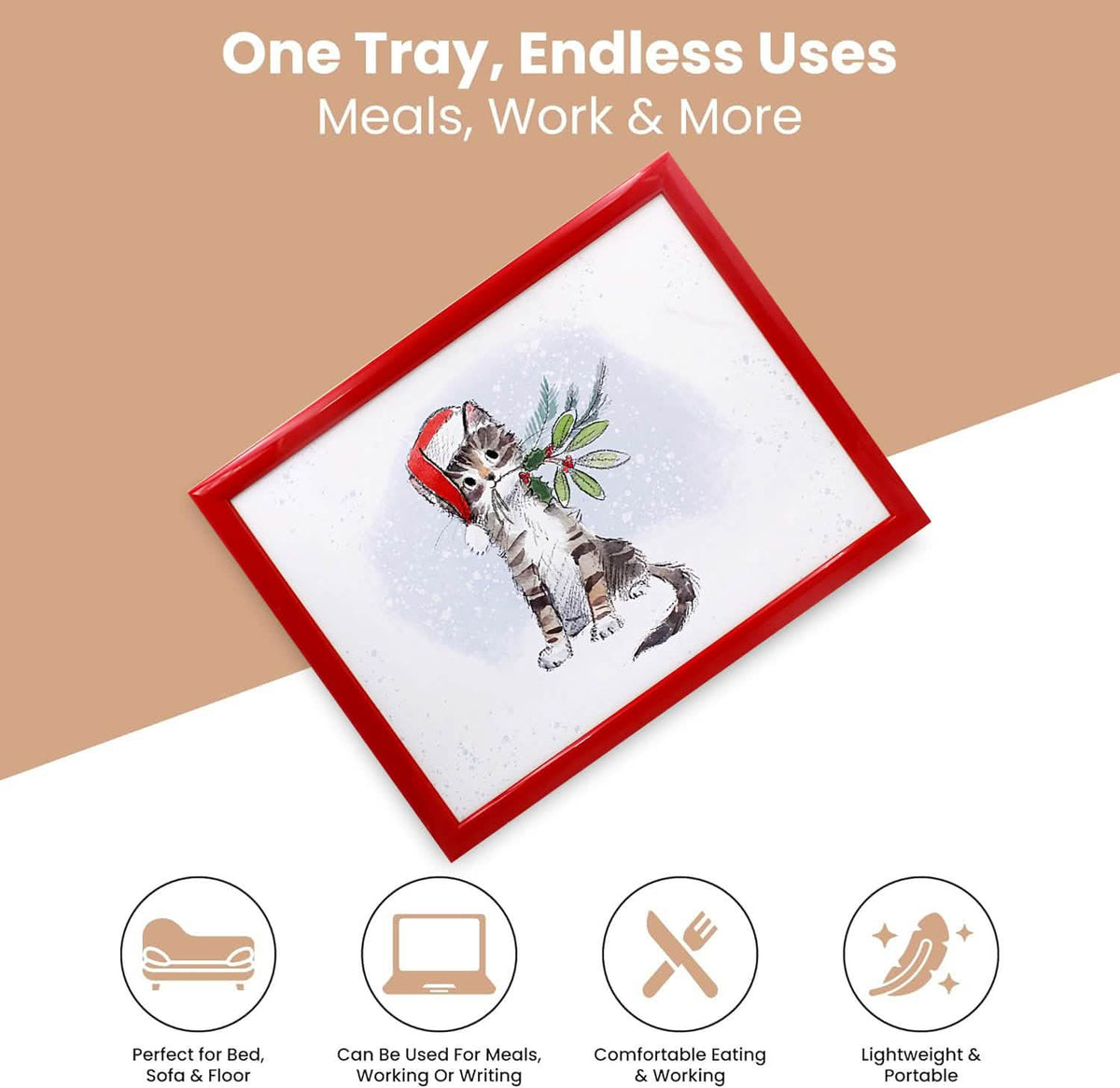 Laptop Lap Tray with Cushioned Padded Bean Bag Base | Pussy Cat with Santa Hat | Ideal for TV Dinners or Bed