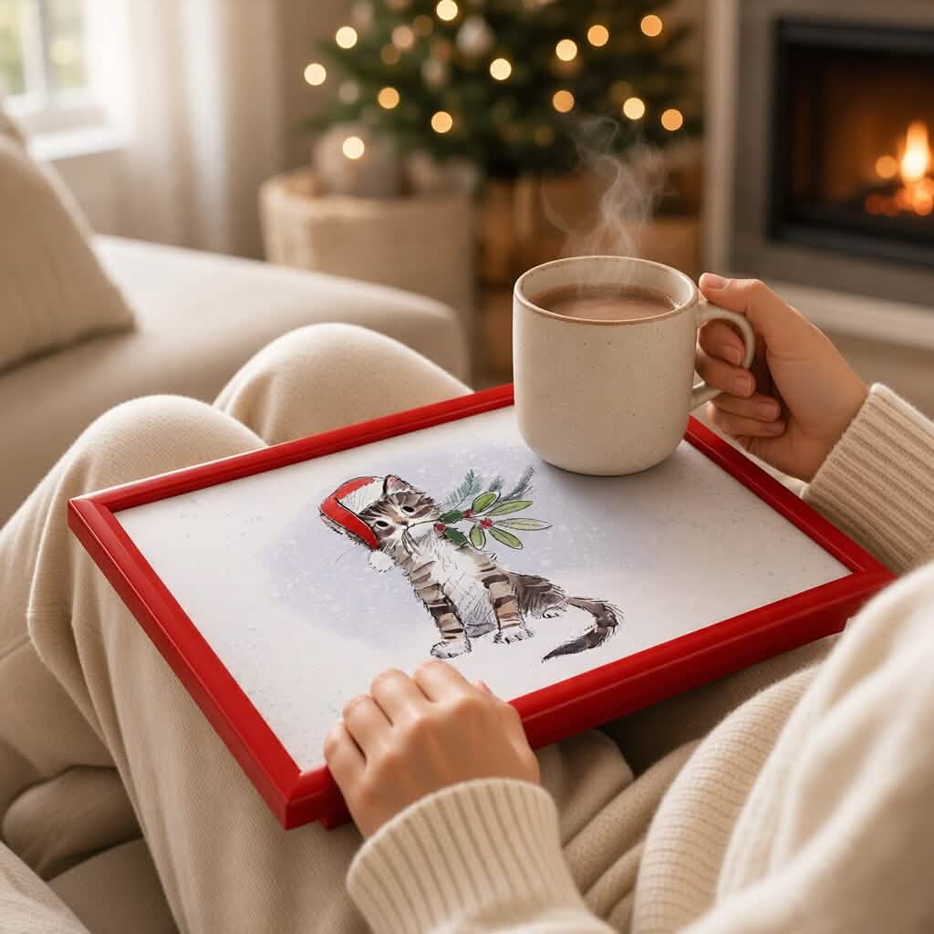 Laptop Lap Tray with Cushioned Padded Bean Bag Base | Pussy Cat with Santa Hat | Ideal for TV Dinners or Bed