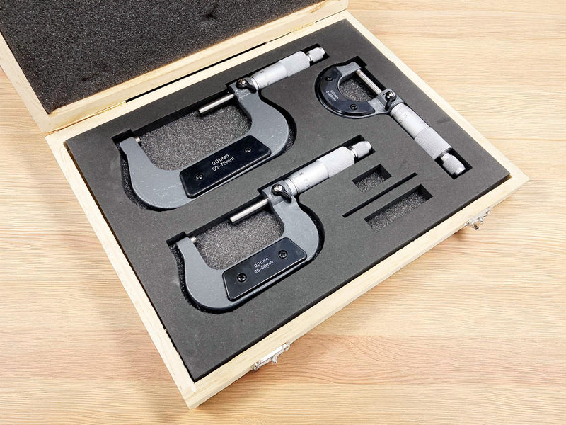 3pc 0-75mm Metric External Outside Micrometers Measuring Calipers with Case