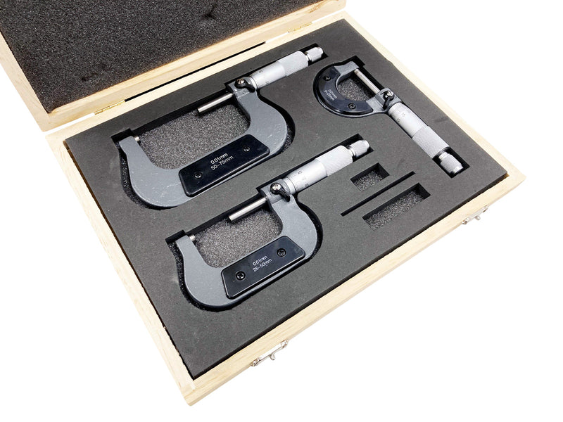 3pc 0-75mm Metric External Outside Micrometers Measuring Calipers with Case