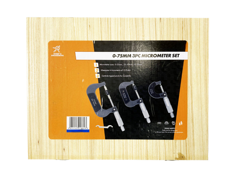 3pc 0-75mm Metric External Outside Micrometers Measuring Calipers with Case