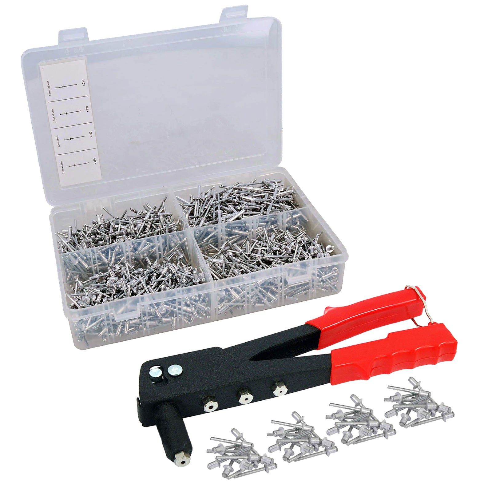 Heavy Duty Hand Riveter Pop Rivet Gun with 4 Nozzle Heads & 1000 Assorted Rivets