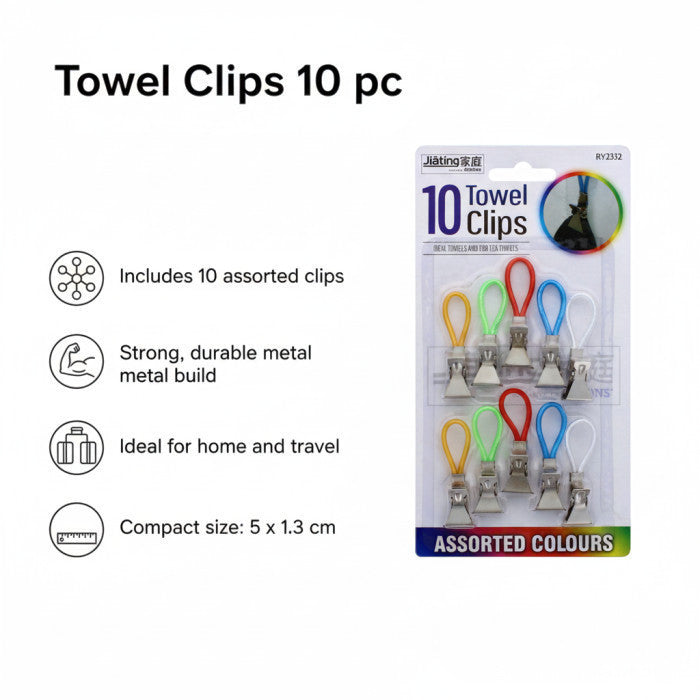 Towel Clips Metal - 10 Pack Assorted Colours