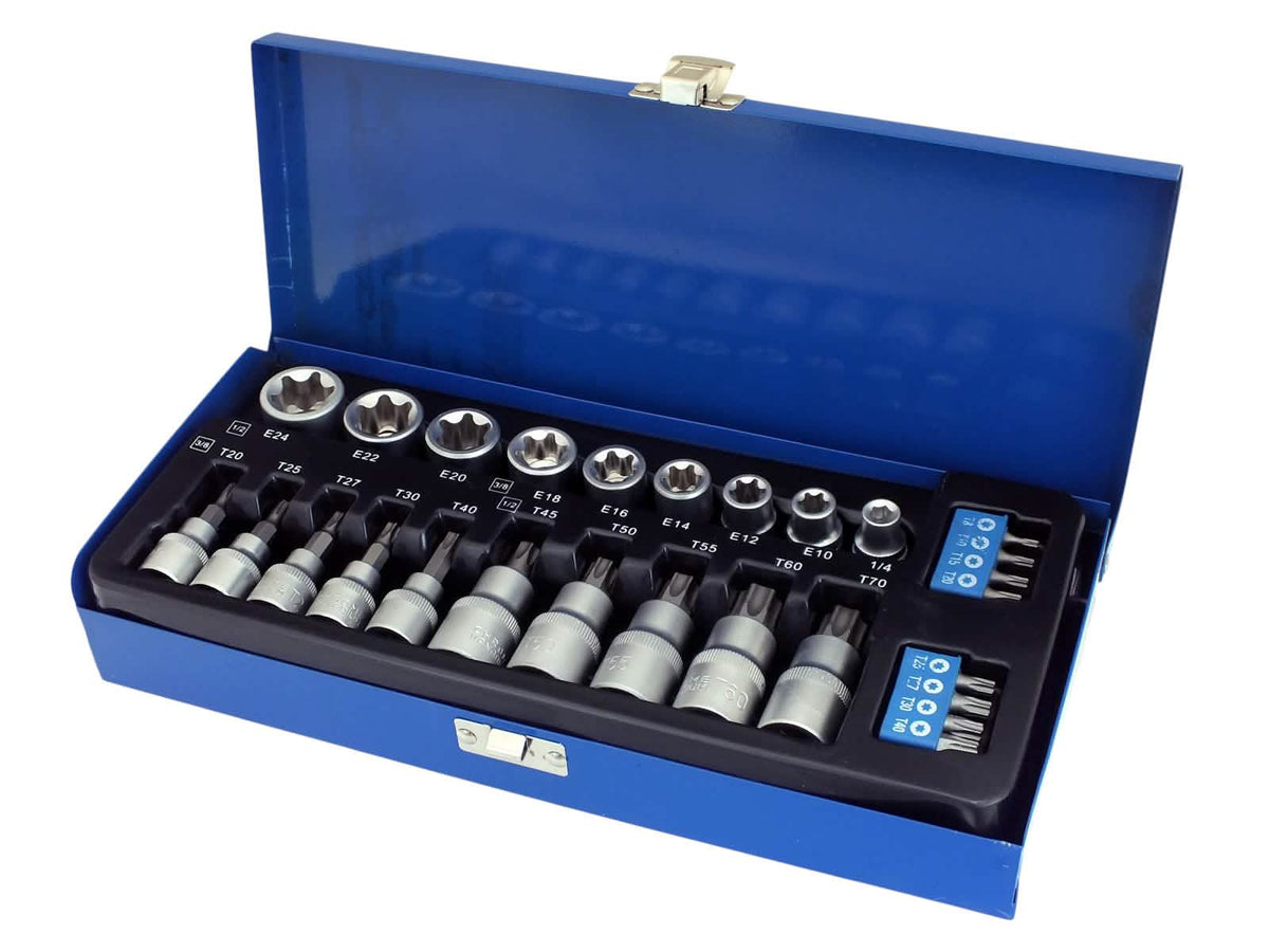 27pc 3/8" & 1/2" Torx Star Bits and E Sockets Set with Metal Storage Case