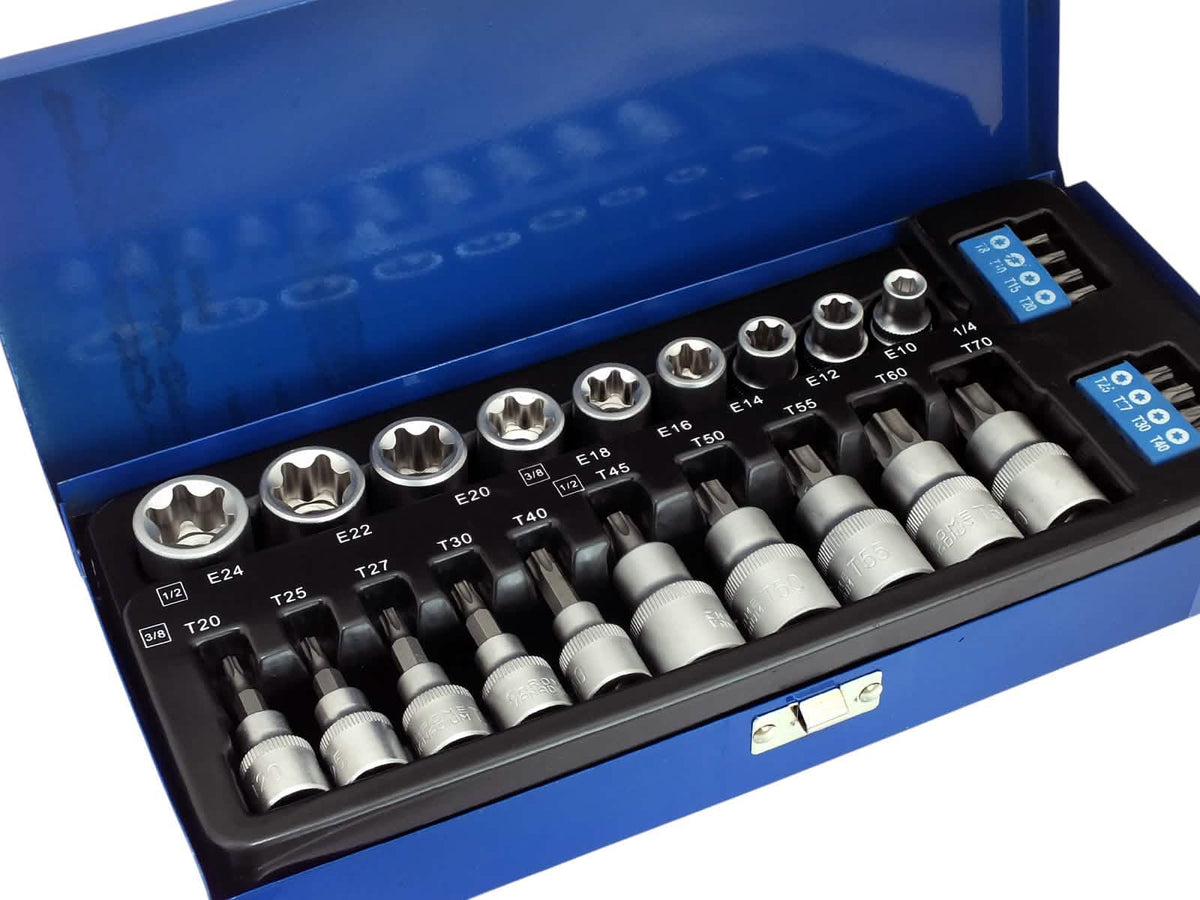 27pc 3/8" & 1/2" Torx Star Bits and E Sockets Set with Metal Storage Case