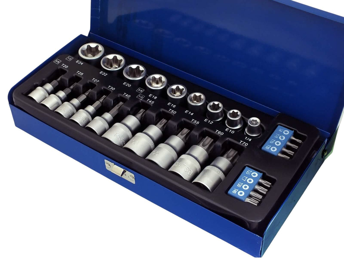 27pc 3/8" & 1/2" Torx Star Bits and E Sockets Set with Metal Storage Case