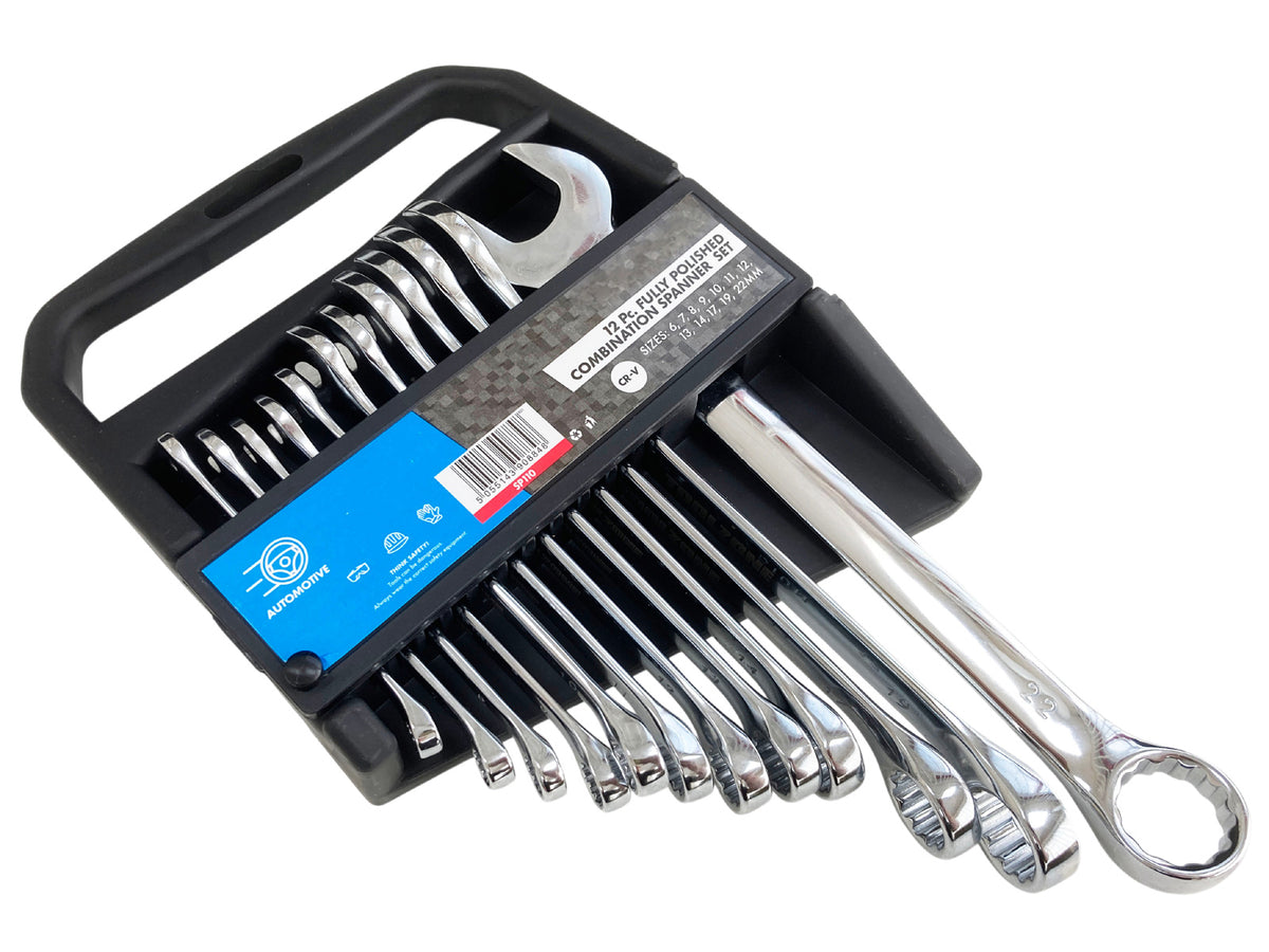 12pc Combination Spanner Set 6-22mm Metric Open & Ring Wrenches with Storage Rack