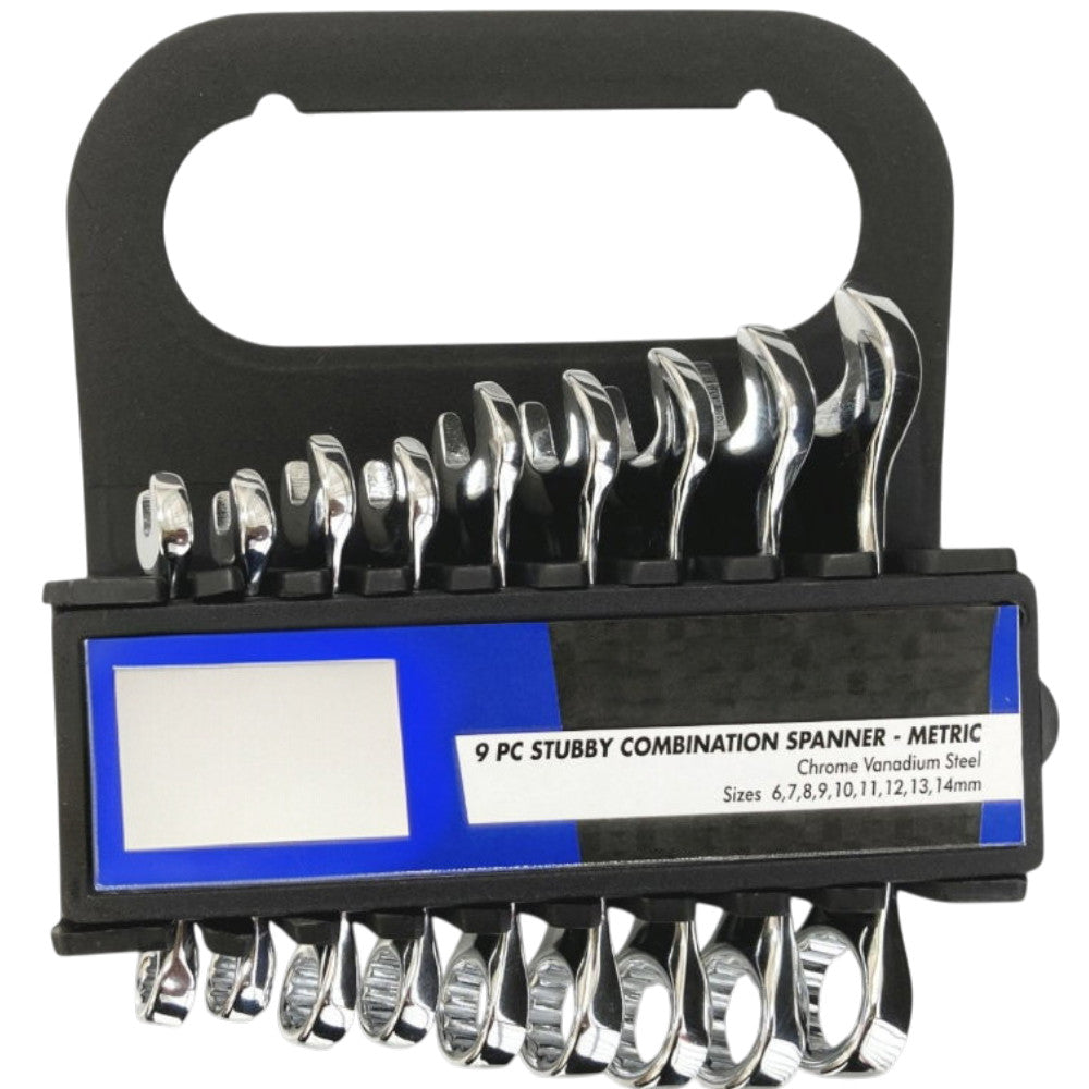 9 X Metric Crv Stubby Short Chrome Finish Combination Spanners + Storage Rack
