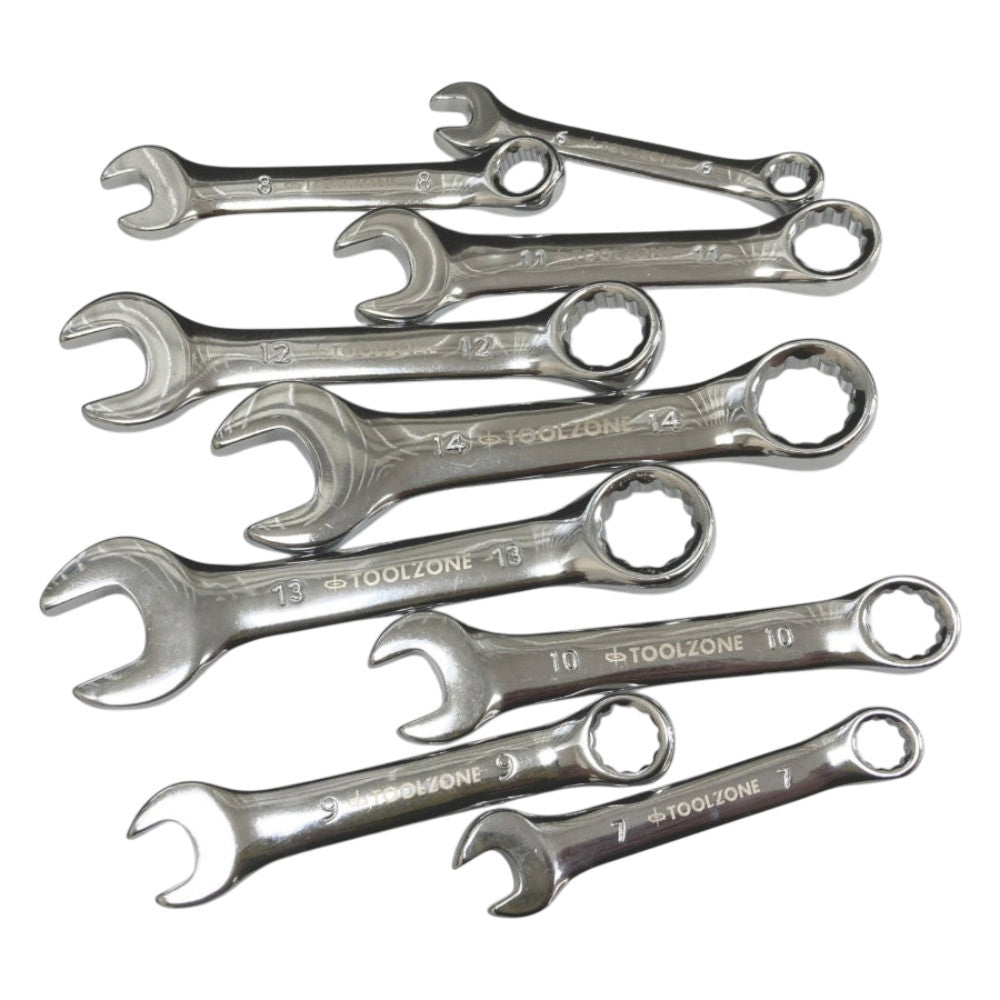 9 X Metric Crv Stubby Short Chrome Finish Combination Spanners + Storage Rack