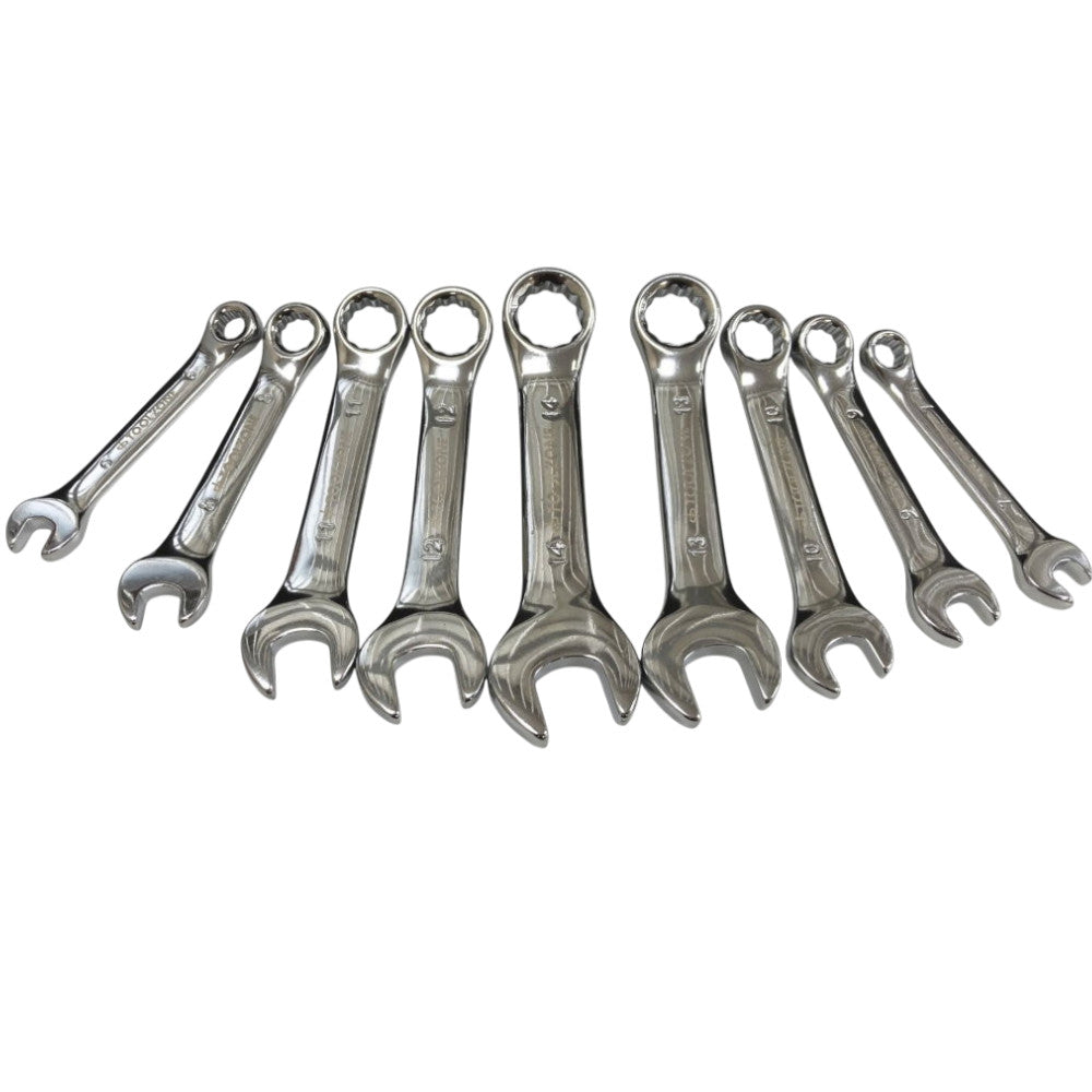 9 X Metric Crv Stubby Short Chrome Finish Combination Spanners + Storage Rack