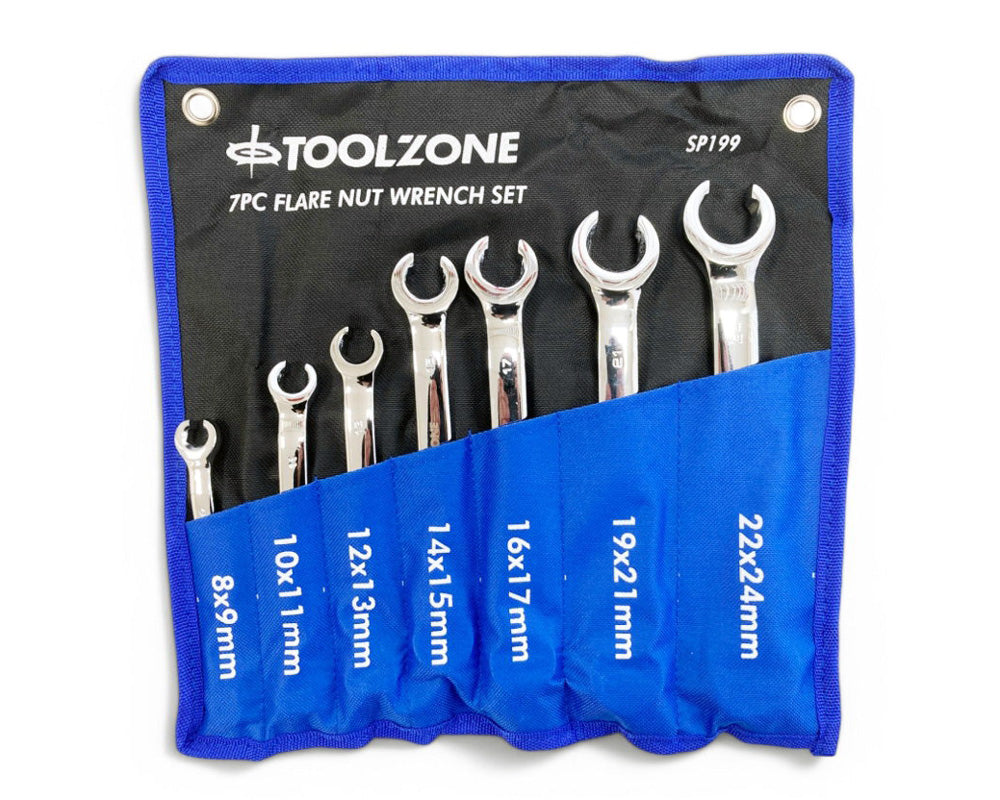 7pc Flare Nut Spanners Set 6-24mm Metric Open Ended Brake Pipe Wrenches with Storage Roll