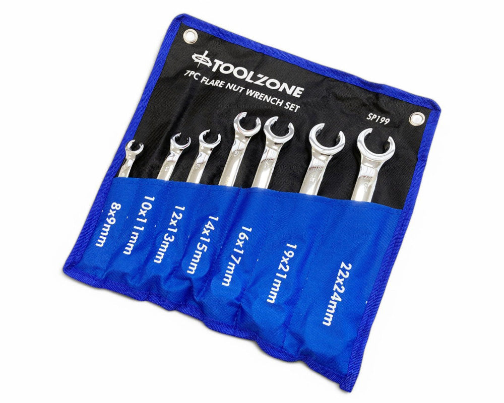7pc Flare Nut Spanners Set 6-24mm Metric Open Ended Brake Pipe Wrenches with Storage Roll